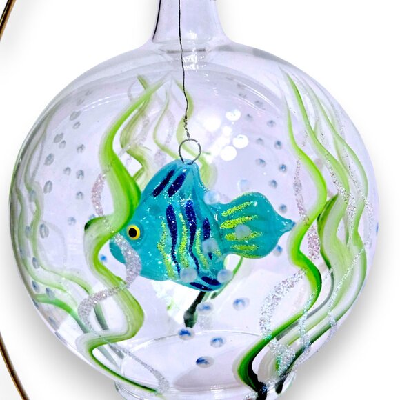 Vintage Hand-Painted Glass Coral Fish In Round Open Art Glass Ornament - Picture 1 of 8